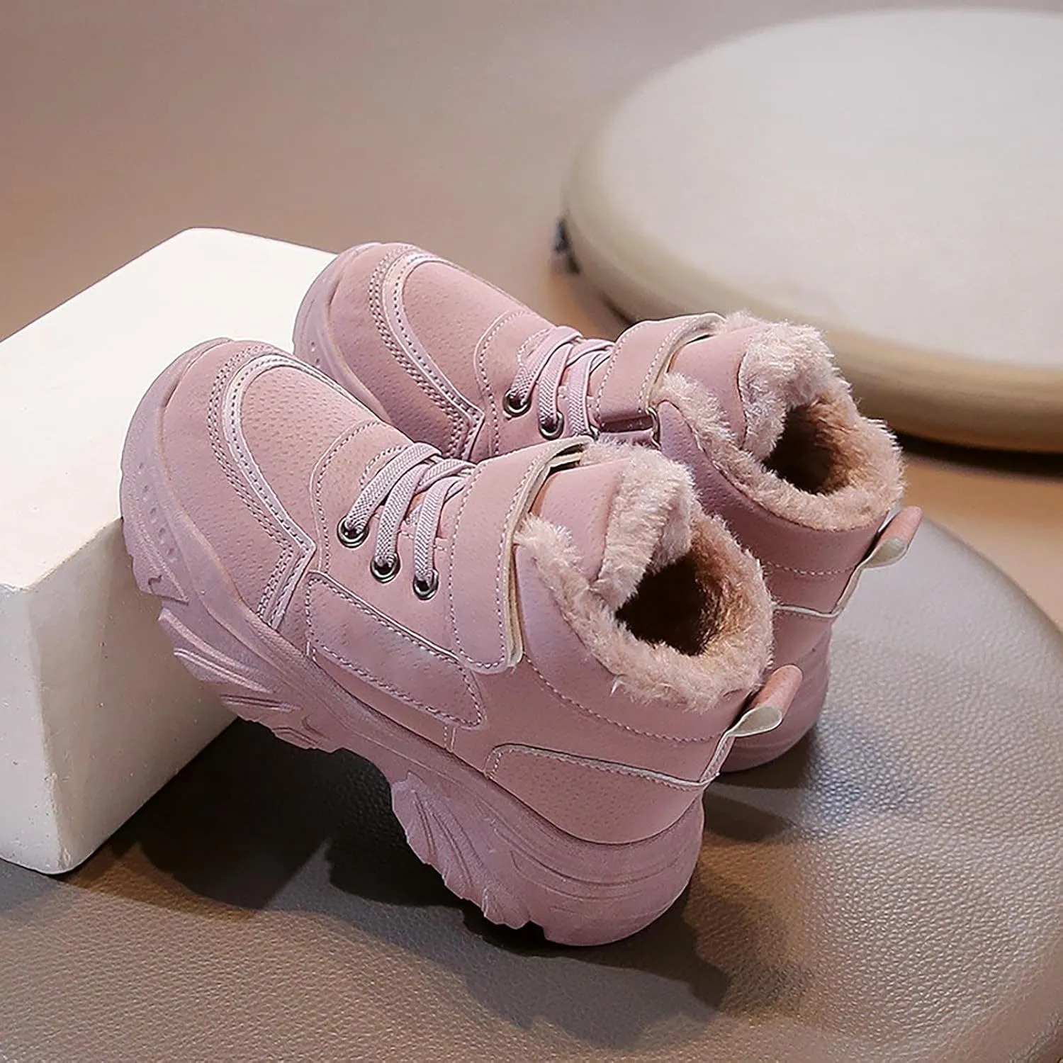 Boys Girls W??terproof Ankle Boots Warm Faux Fur Fashion Sneakers High Top Booties Walking Running Furry Shoes