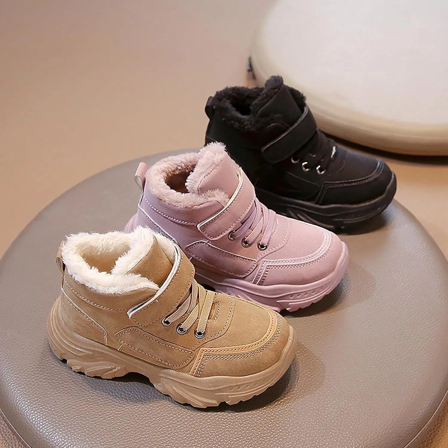 Boys Girls W??terproof Ankle Boots Warm Faux Fur Fashion Sneakers High Top Booties Walking Running Furry Shoes