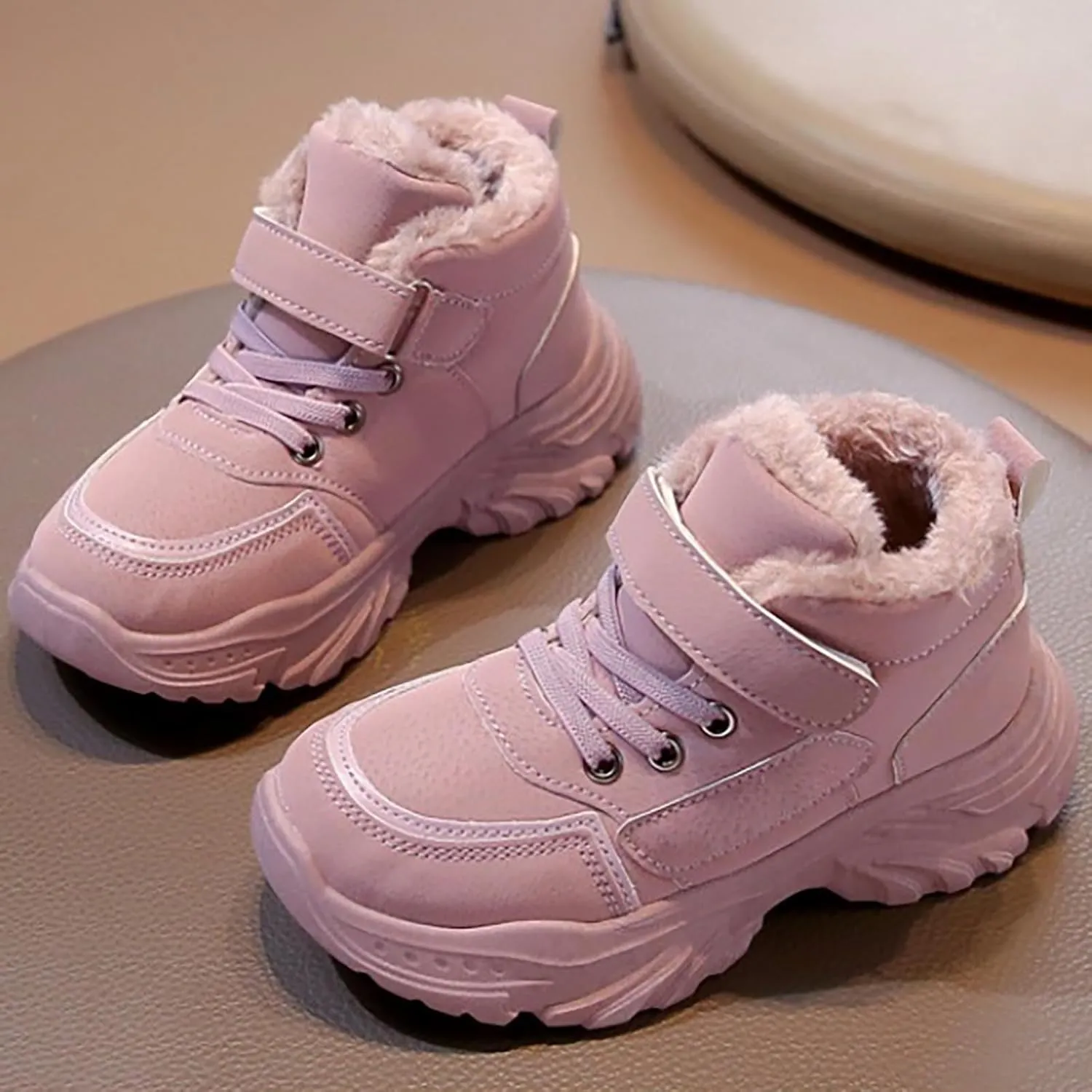 Boys Girls W??terproof Ankle Boots Warm Faux Fur Fashion Sneakers High Top Booties Walking Running Furry Shoes
