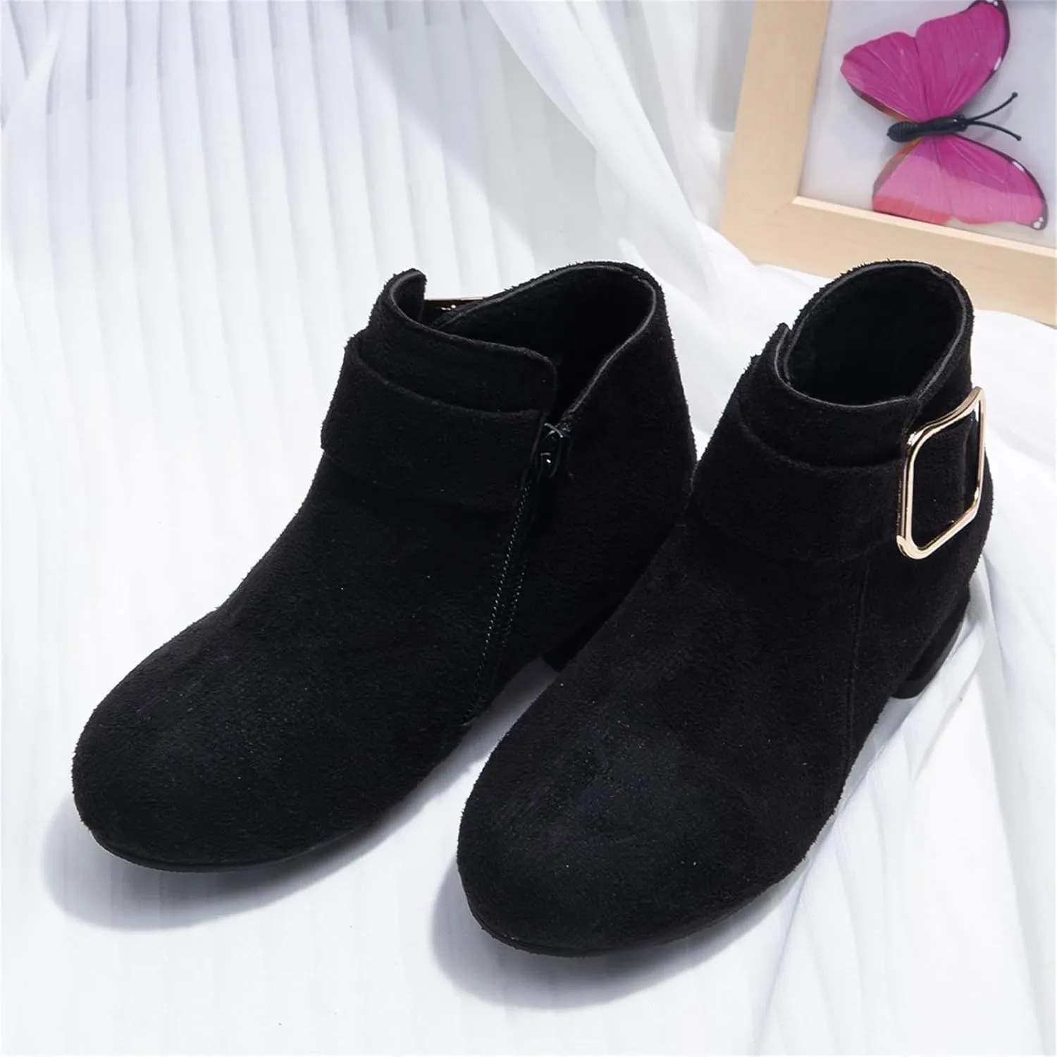 Chunky Low Heel Ankle Booties for Girls Side Zipper Winter Warm Comfortable Dress Shoes Little Girl Leather Boots
