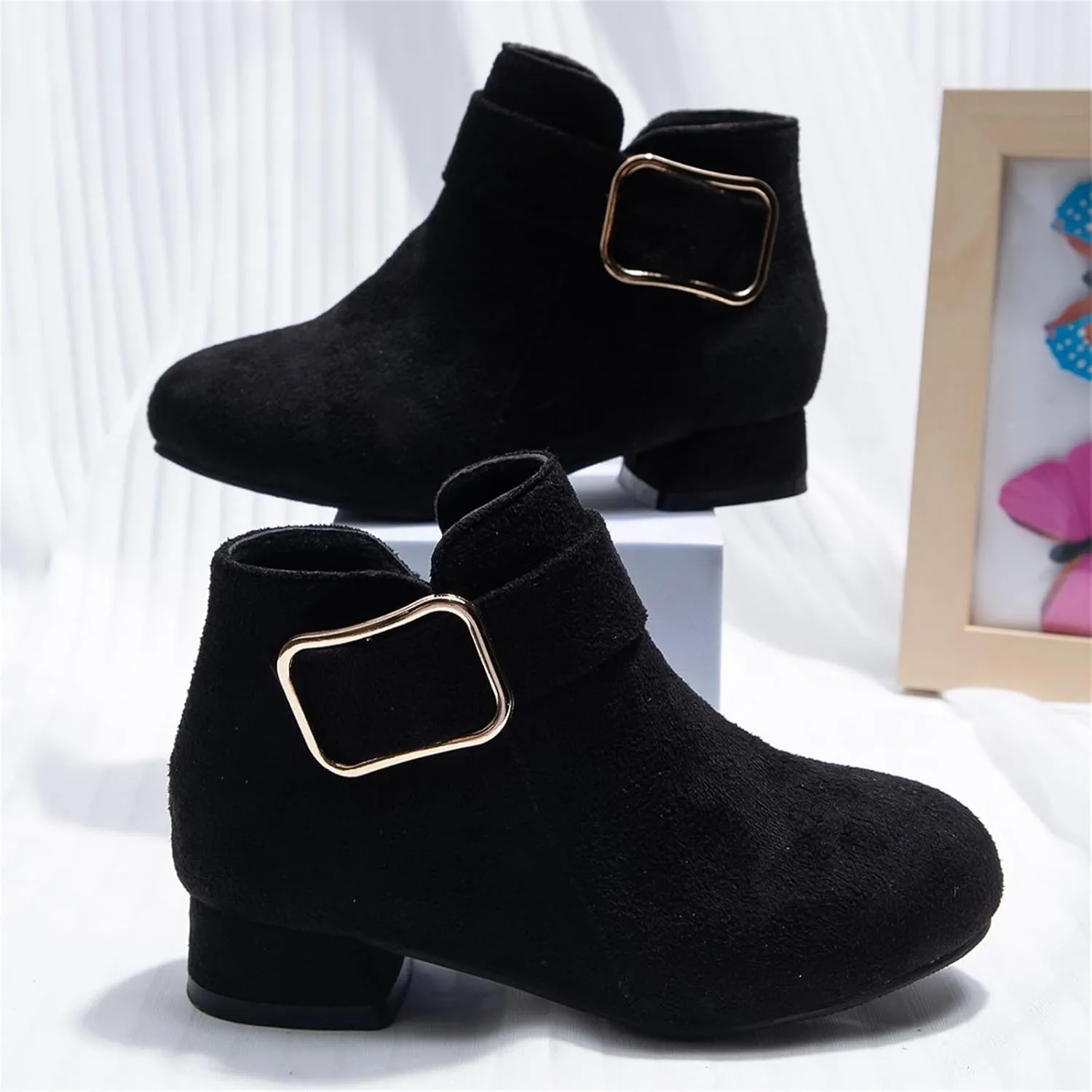Chunky Low Heel Ankle Booties for Girls Side Zipper Winter Warm Comfortable Dress Shoes Little Girl Leather Boots
