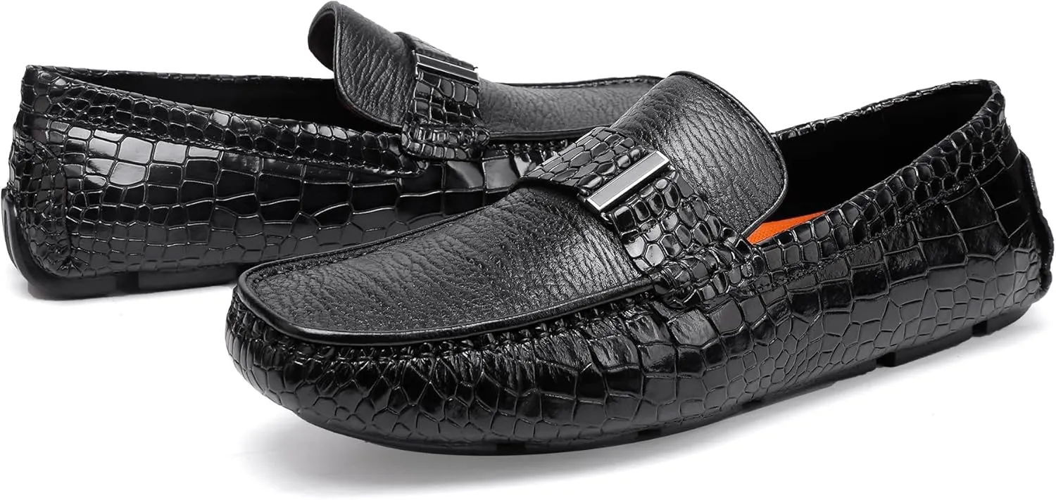 Classic Men's Leather Driving Loafer Casual Alligators Printed Metal Business Shoes Party Wedding Driving Moccasin