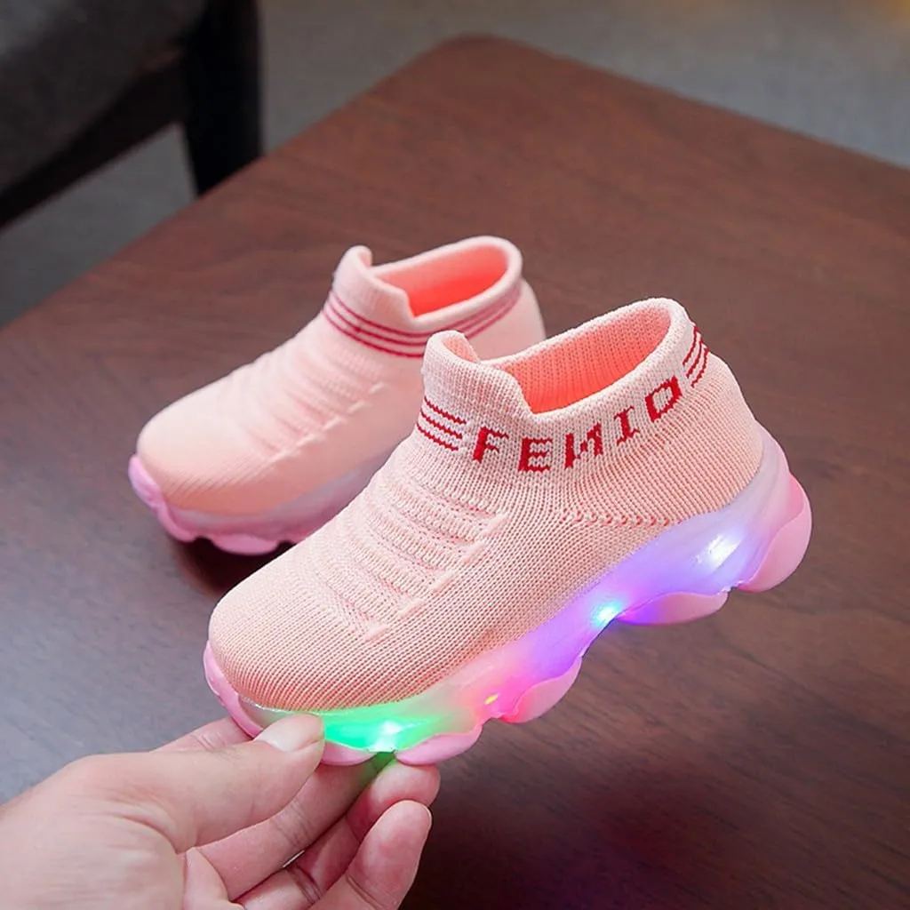 Crochet Light up Sneakers for Toddler Boys Kids Sole Non Slip Running Sport Shoes First Walking Lightweight Breathable