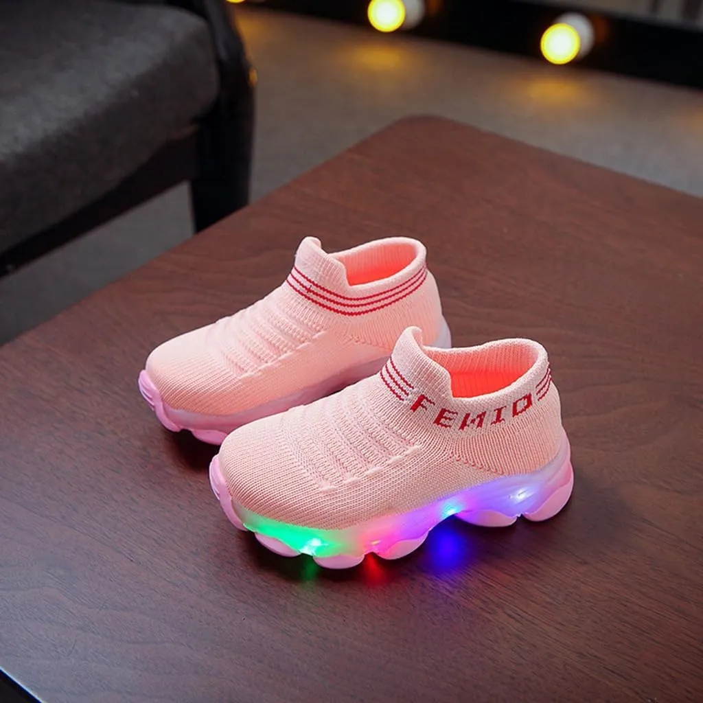 Crochet Light up Sneakers for Toddler Boys Kids Sole Non Slip Running Sport Shoes First Walking Lightweight Breathable
