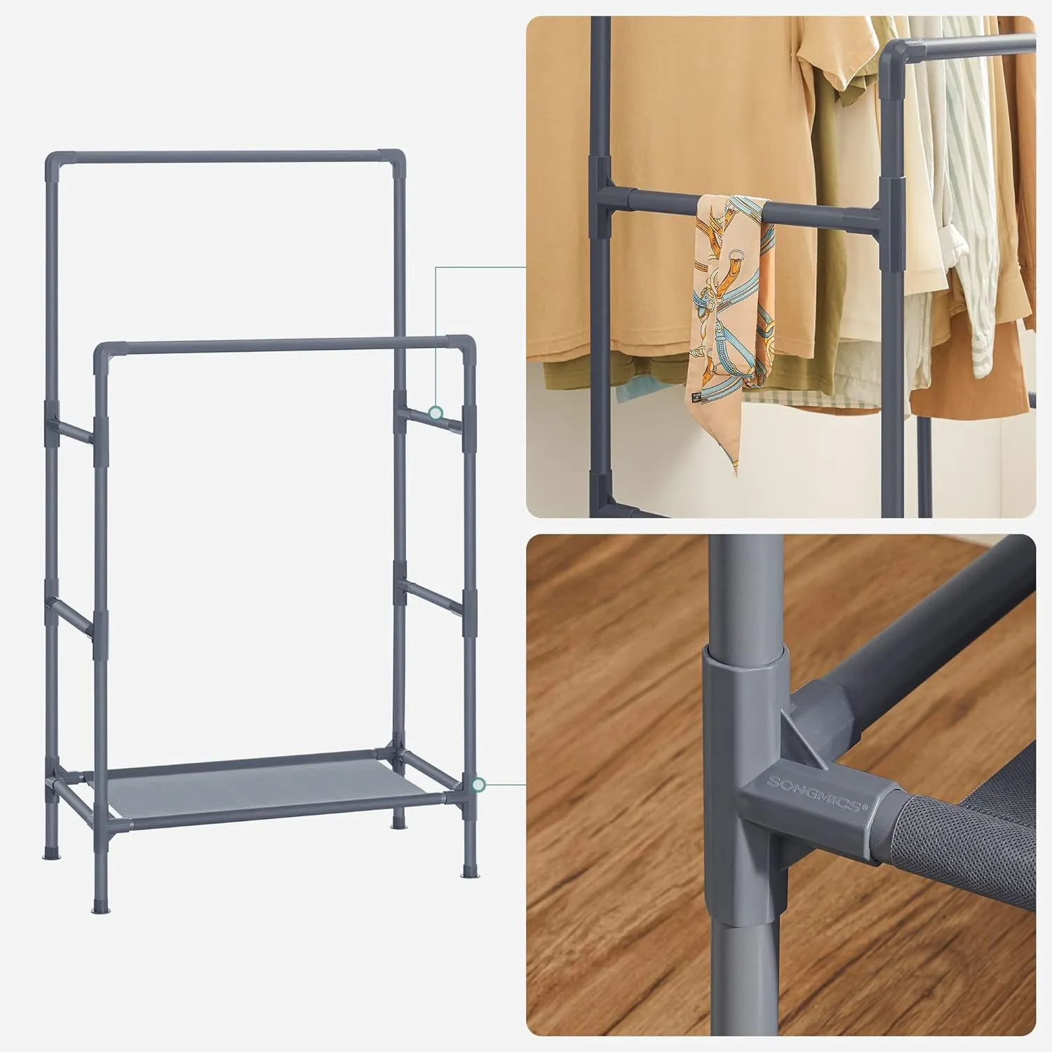 Durable Double Rail Metal Clothes Rack with Shelf - SONGMICS