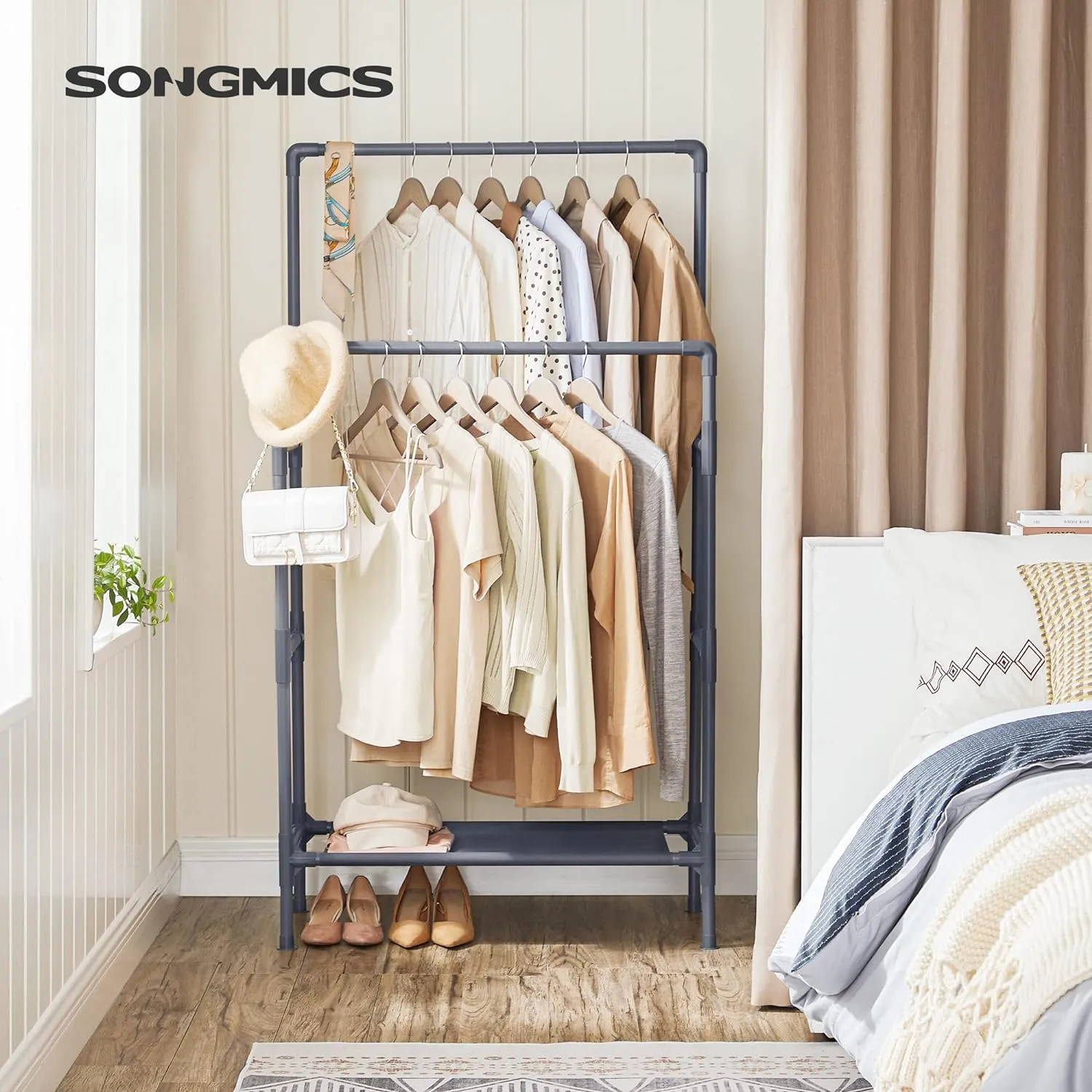 Durable Double Rail Metal Clothes Rack with Shelf - SONGMICS