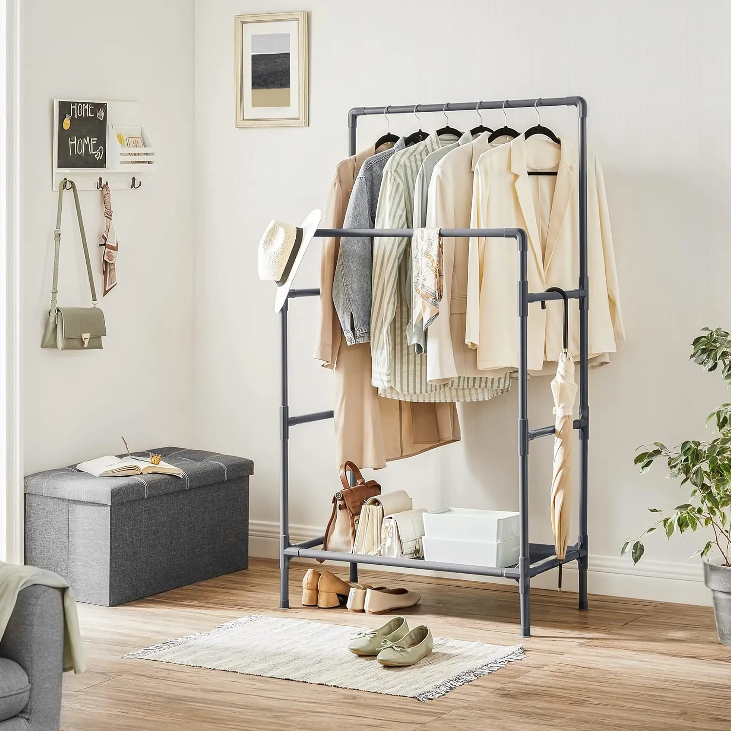 Durable Double Rail Metal Clothes Rack with Shelf - SONGMICS