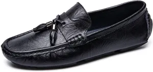 Easy to Put and Remove Smoking Loafer for Men Tassel Genuine Leather Round Toe Stitching Details Resistant Flat Heel Soft Walking Slip On for All Occasions (Color : Black, Size : 10)