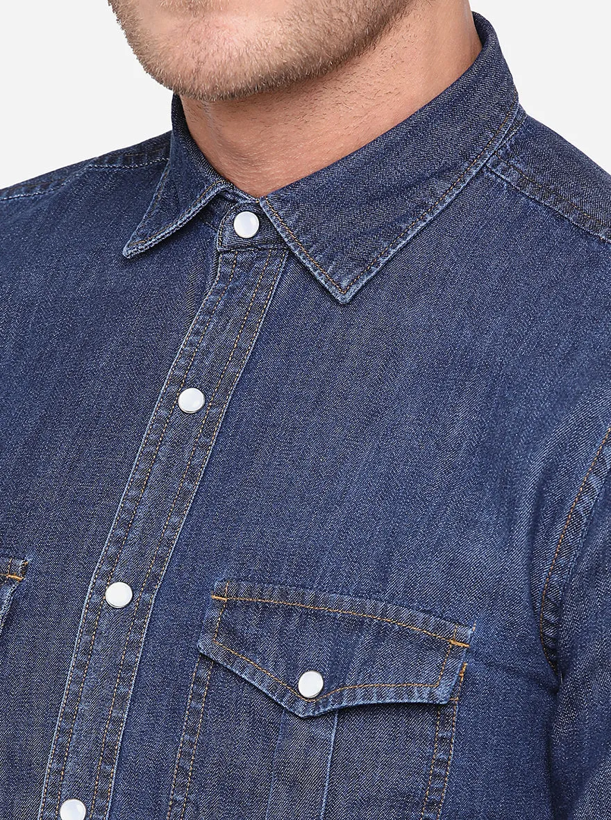 Ebony Blue Solid Slim Fit Casual Shirt | Greenfibre