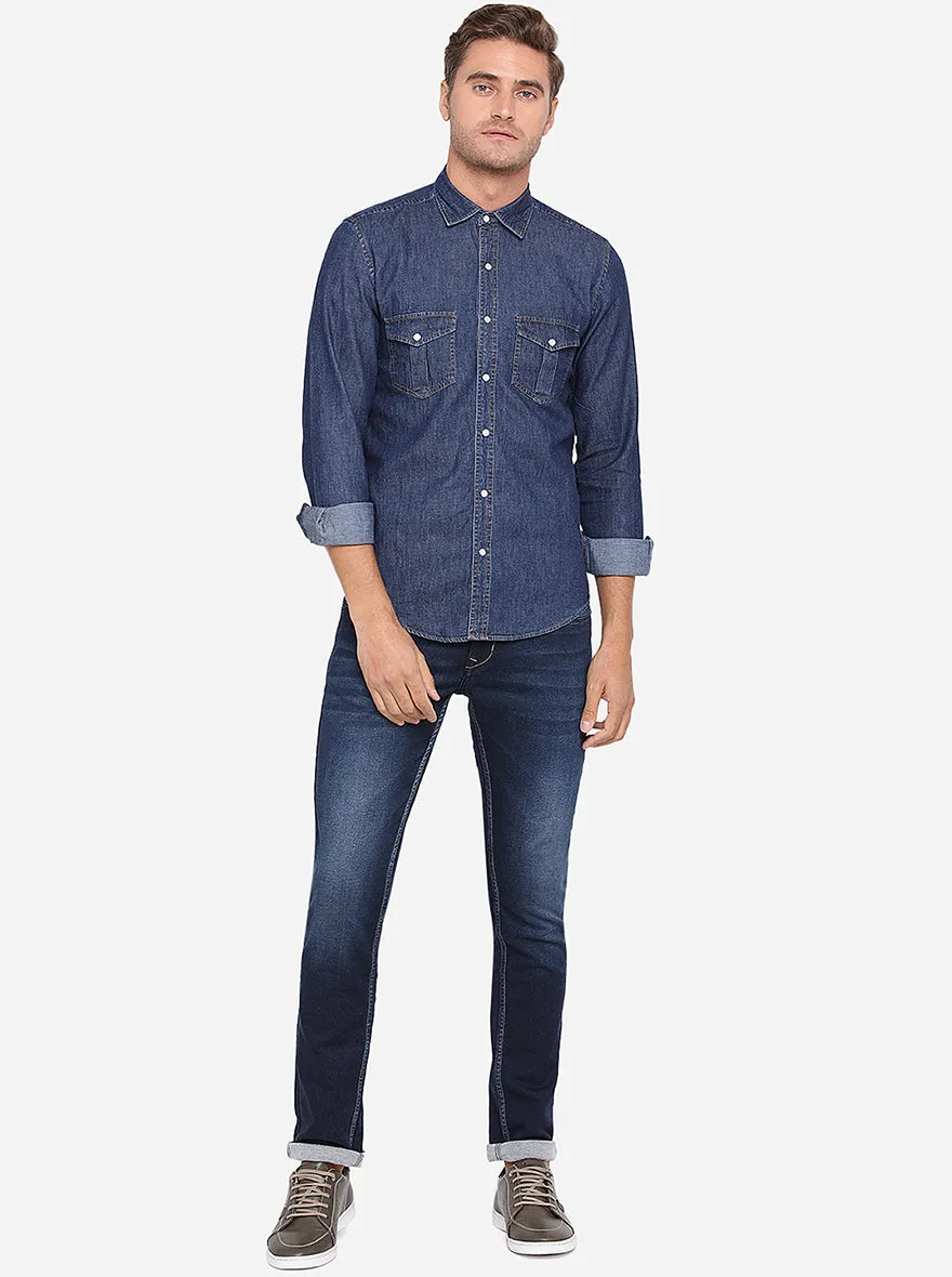 Ebony Blue Solid Slim Fit Casual Shirt | Greenfibre