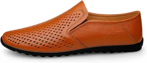 HOOENG Driving Moccasins for Men Breathable Lightweight Driving Loafers Leather Flexible Anti-Slip Resistant Flat Heel Walking Slip On (Color : Orange, Size : 10)