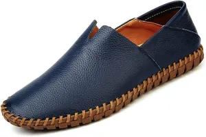 HOOENG Driving Moccasins Smoking Loafer for Men Genuine Leather Round Toe Rubber Sole Stitching Details Resistant Lightweight Anti-Slip Flexible Outdoor (Color : Blue, Size : 8.5)
