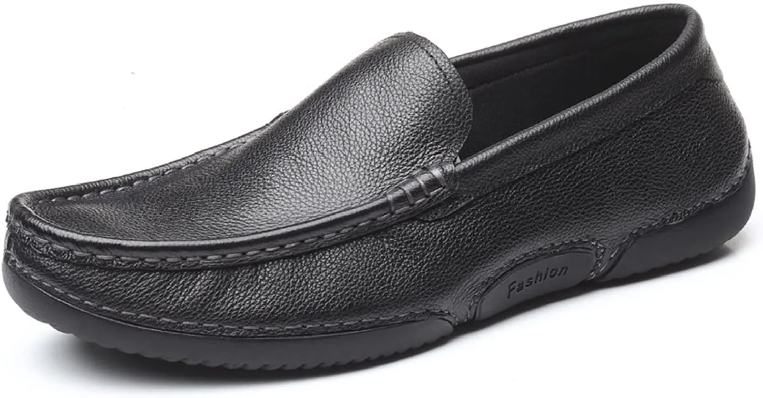 HOOENG Loafer Shoes for Men Genuine Leather Round Toe Stitching Details Soft Lightweight Flexible Anti-Slip Resistant Driving Slip on (Color : Black, Size : 7)