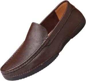 HOOENG Loafer Shoes for Men Genuine Leather Round Toe Stitching Details Soft Lightweight Flexible Anti-Slip Resistant Driving Slip on (Color : Brown, Size : 9)