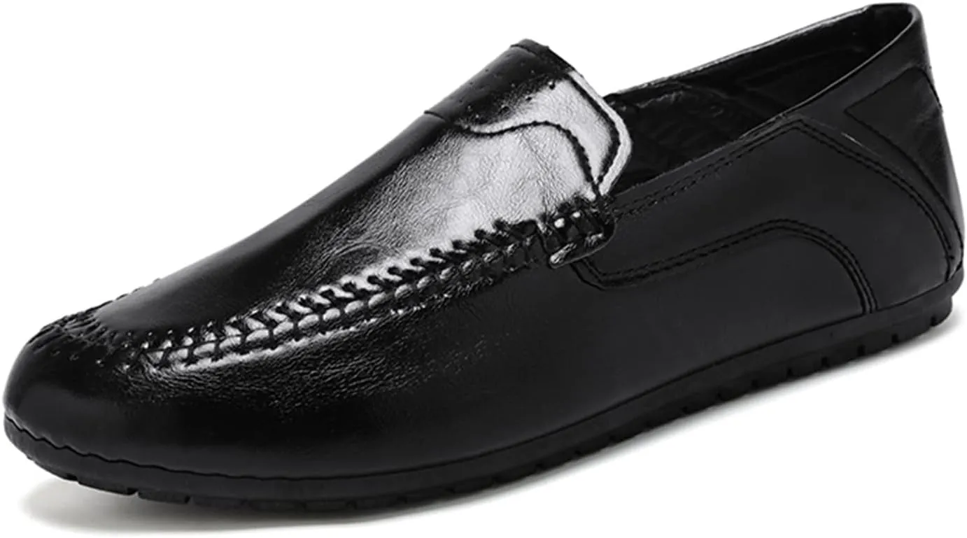 HOOENG Loafer Shoes for Men PU Stitching Details Round Toe Resistant Flat Heel Lightweight Flexible Driving Slip On (Color : Black, Size : 7)