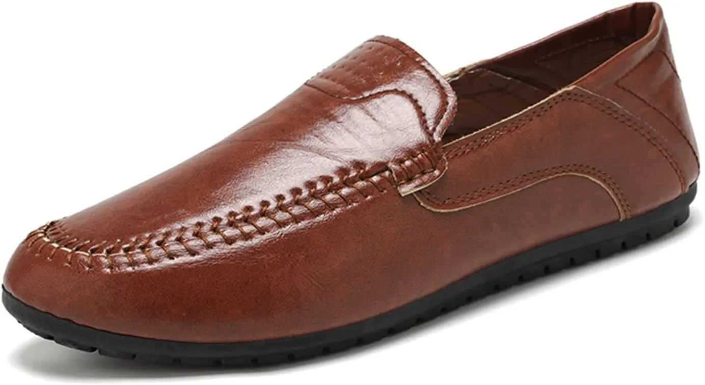HOOENG Loafer Shoes for Men PU Stitching Details Round Toe Resistant Flat Heel Lightweight Flexible Driving Slip On (Color : Brown, Size : 10)