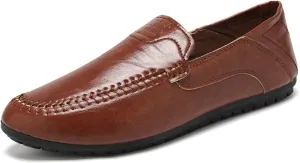 HOOENG Loafer Shoes for Men PU Stitching Details Round Toe Resistant Flat Heel Lightweight Flexible Driving Slip On (Color : Brown, Size : 8.5)