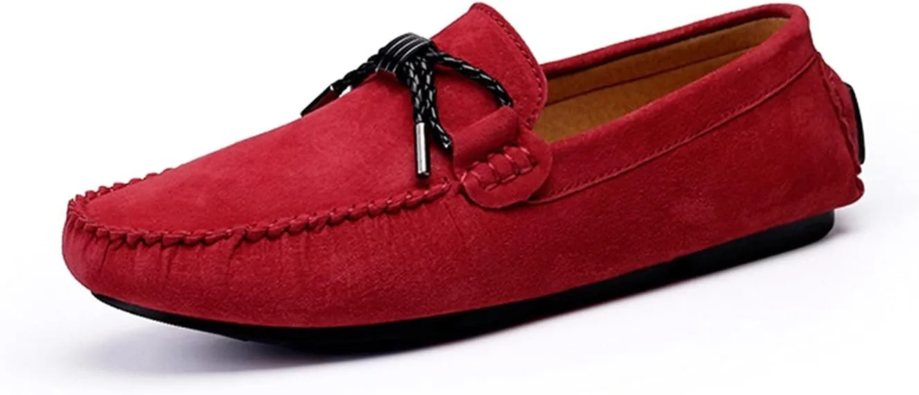 HOOENG Loafers Smoking Loafer Driving Moccasins for Men Genuine Leather Round Toe Stitching Details Bow Resistant Flexible Flat Heel Soft Walking Slip on (Color : Red, Size : 7.5)