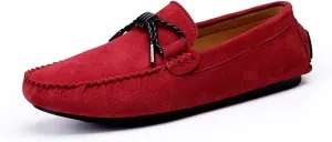 HOOENG Loafers Smoking Loafer Driving Moccasins for Men Genuine Leather Round Toe Stitching Details Bow Resistant Flexible Flat Heel Soft Walking Slip on (Color : Red, Size : 7.5)