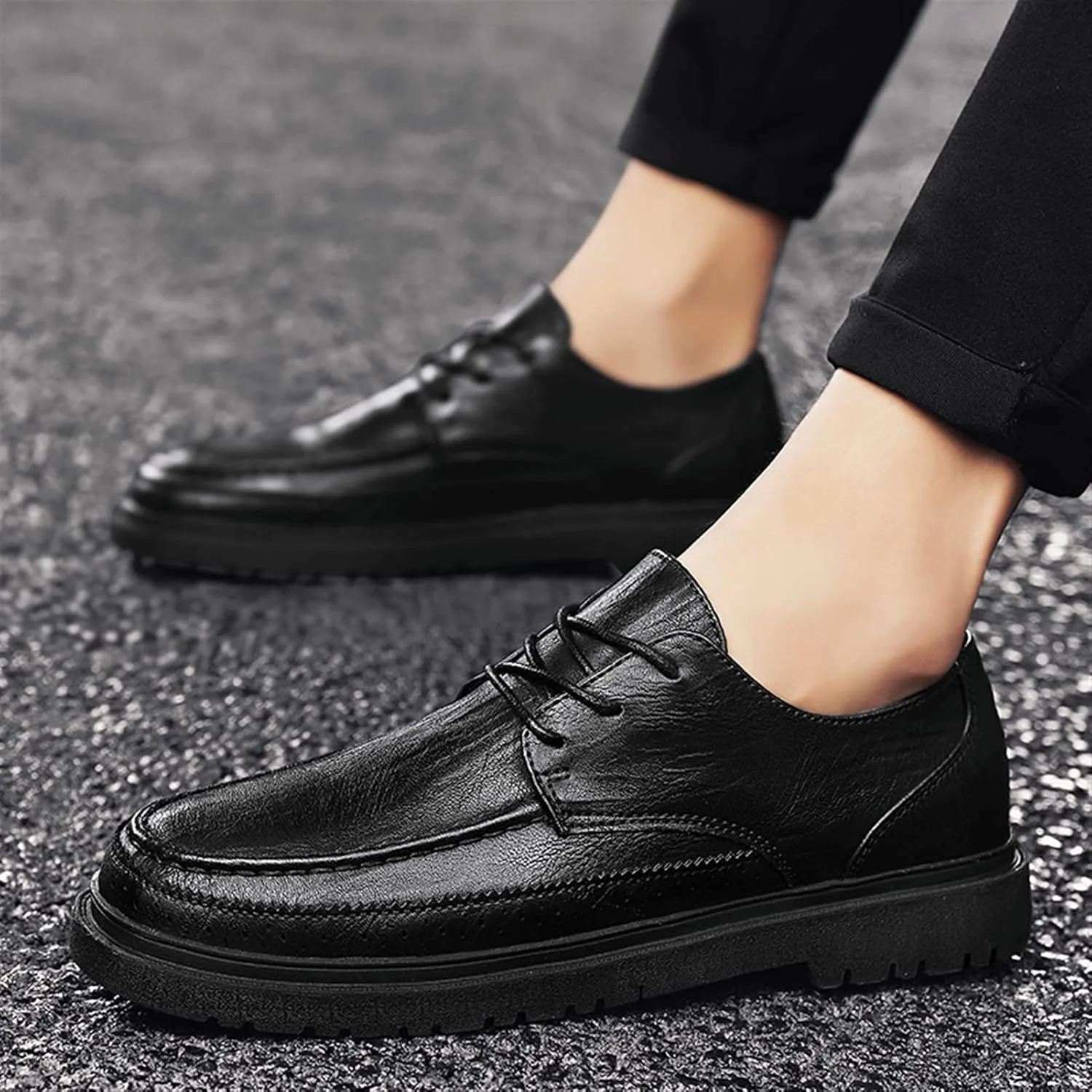 HOOENG Oxford Shoes for Men Lace Up Apron Toe Round Toe Derby Shoes Vegan Leather Anti-Slip Low Top Non Slip Classic