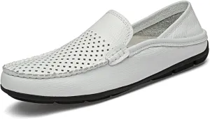 HOOENG Shoes Smoking Loafer for Men Stitching Details Genuine Leather Breathable Embossed Option Comfortable Flat Heel Soft Flexible Resistant Casual (Color : White Perforated, Size : 7.5 M US)