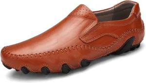 HOOENG Smoking Loafer Driving Moccasins for Men Lightweight Driving Loafers Breathable Leather Resistant Flexible Lightweight Flat Heel Anti-Slip Driving (Color : Reddish-Brown, Size : 7.5)