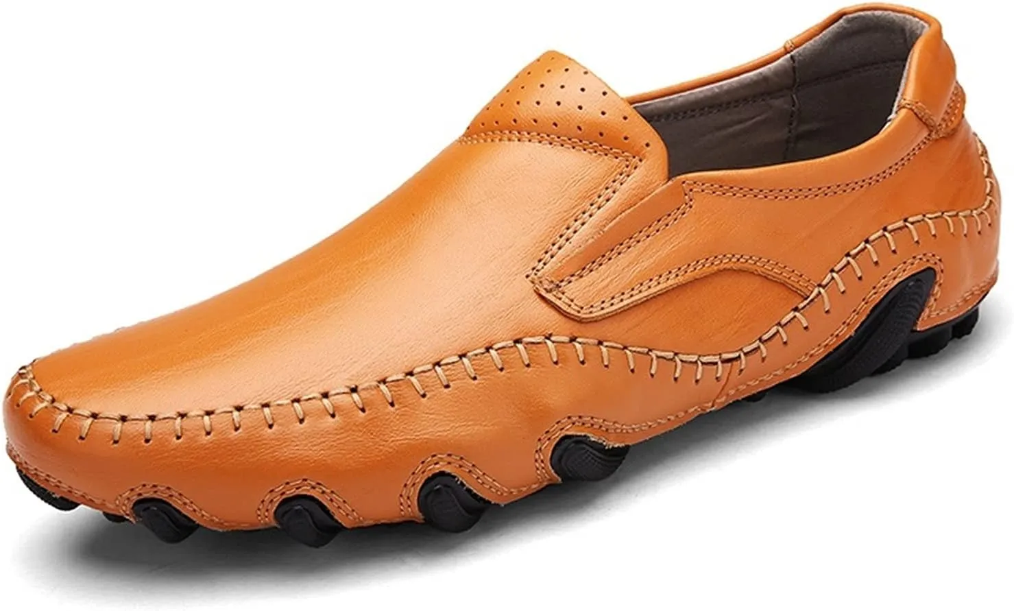HOOENG Smoking Loafer Driving Moccasins for Men Lightweight Driving Loafers Breathable Leather Resistant Flexible Lightweight Flat Heel Anti-Slip Driving (Color : Yellowish-Brown, Size : 6.5)