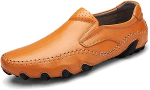 HOOENG Smoking Loafer Driving Moccasins for Men Lightweight Driving Loafers Breathable Leather Resistant Flexible Lightweight Flat Heel Anti-Slip Driving (Color : Yellowish-Brown, Size : 6.5)