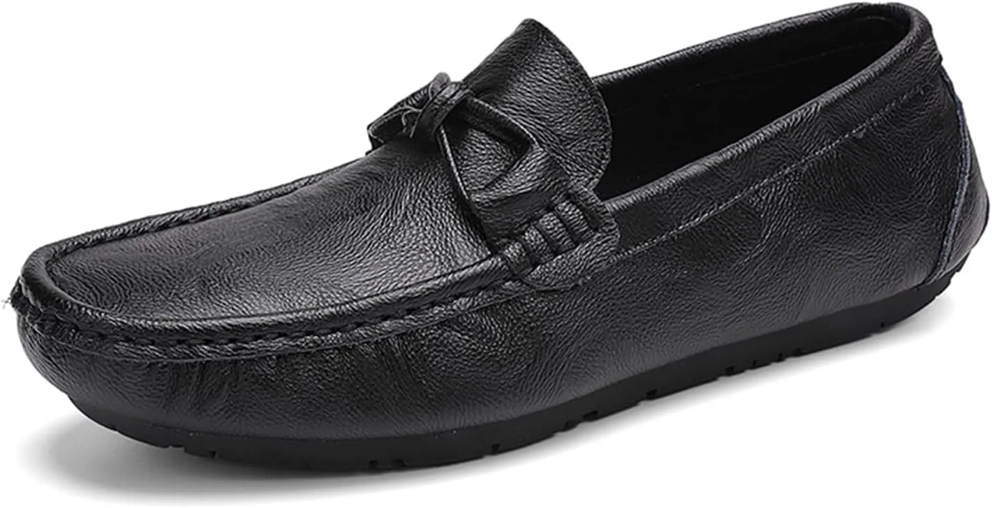 HOOENG Smoking Loafer for Men Genuine Leather Bow Stitching Details Round Toe Resistant Anti-Slip Flat Heel Lightweight Driving Slip On (Color : Black, Size : 10)
