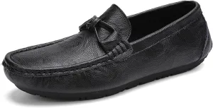 HOOENG Smoking Loafer for Men Genuine Leather Bow Stitching Details Round Toe Resistant Anti-Slip Flat Heel Lightweight Driving Slip On (Color : Black, Size : 8.5)