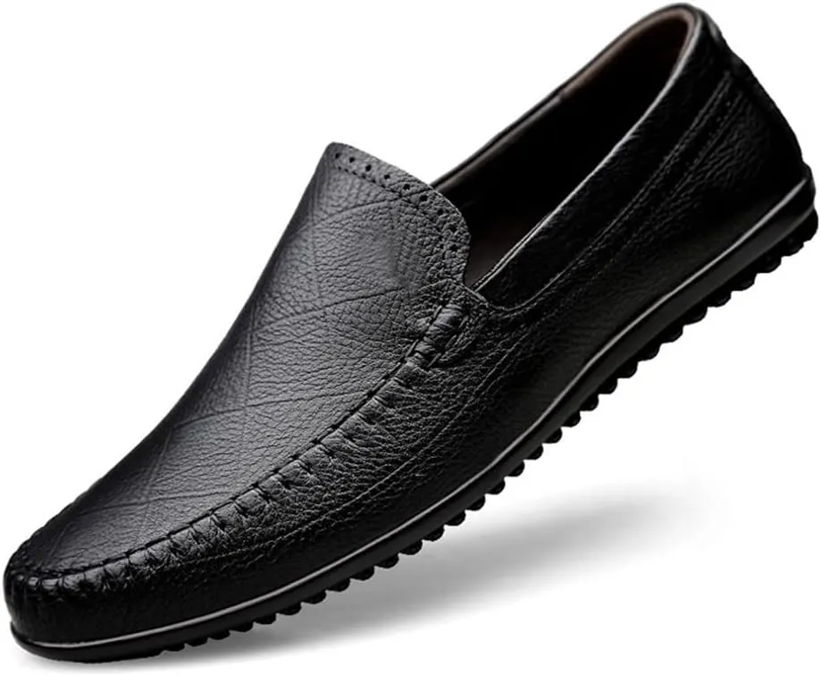 HOOENG Smoking Loafer for Men Genuine Leather Stitching Details Round Toe Rubber Sole Lightweight Flat Heel Resistant Driving Slip on (Color : Black, Size : 9)