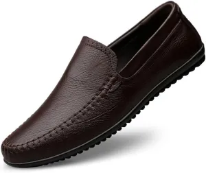 HOOENG Smoking Loafer for Men Genuine Leather Stitching Details Round Toe Rubber Sole Lightweight Flat Heel Resistant Driving Slip on (Color : Dark Brown, Size : 6)