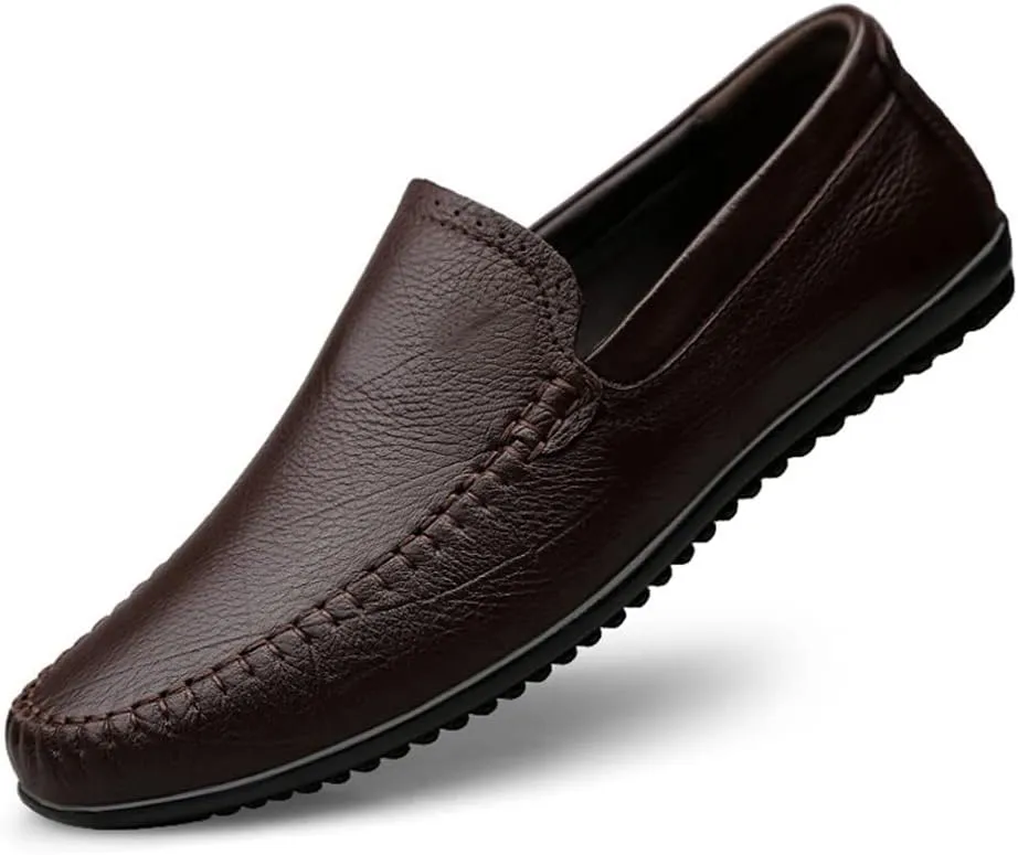 HOOENG Smoking Loafer for Men Genuine Leather Stitching Details Round Toe Rubber Sole Lightweight Flat Heel Resistant Driving Slip on (Color : Dark Brown, Size : 6)