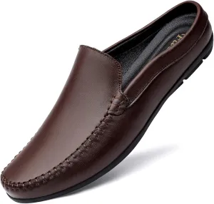 HOOENG Smoking Loafer for Men Mule Loafer Genuine Leather Stitching Details Round Toe Flexible Lightweight Flat Heel Resistant Anti-Slip Walking Slip on