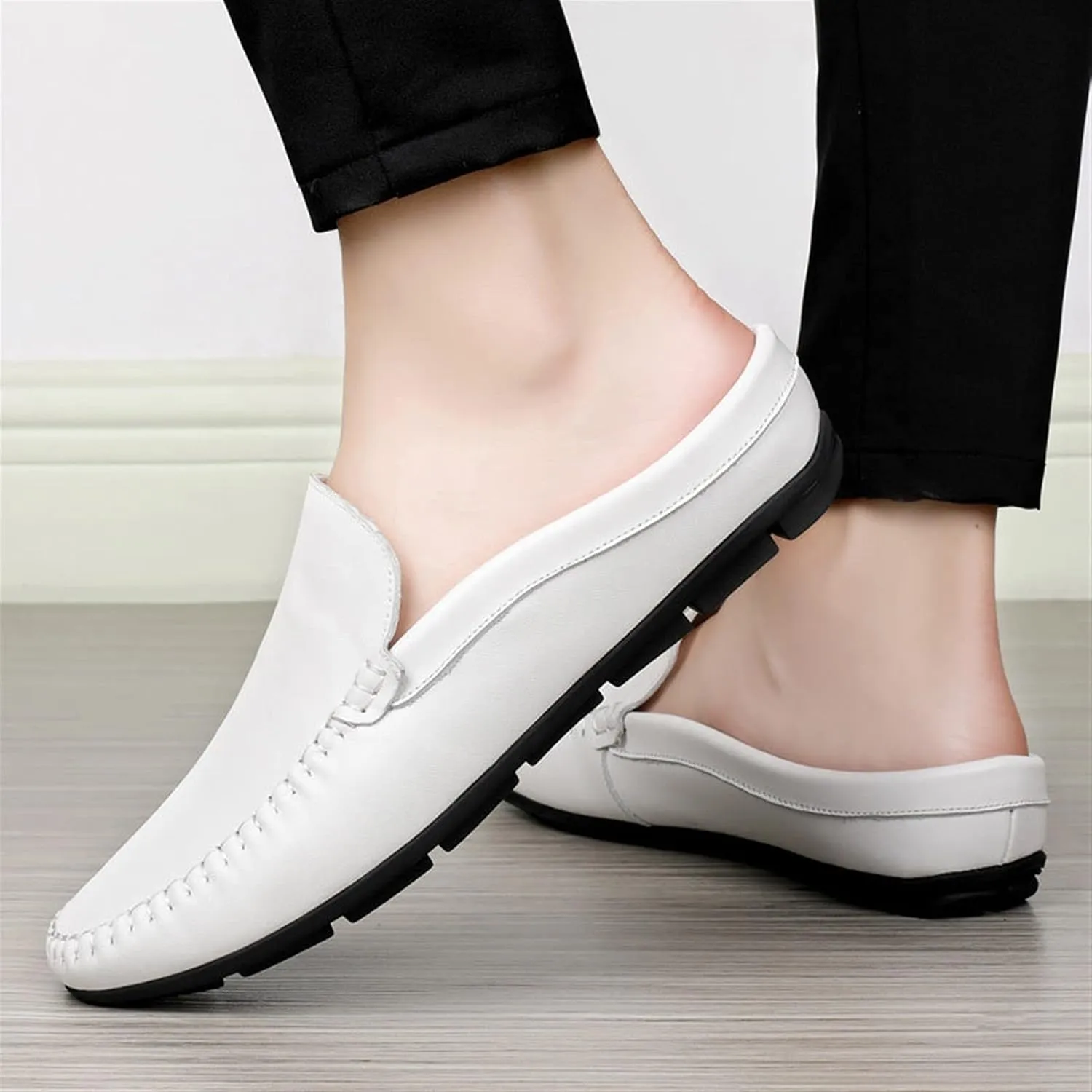 HOOENG Smoking Loafer for Men Mule Loafer Genuine Leather Stitching Details Round Toe Flexible Lightweight Flat Heel Resistant Anti-Slip Walking Slip on