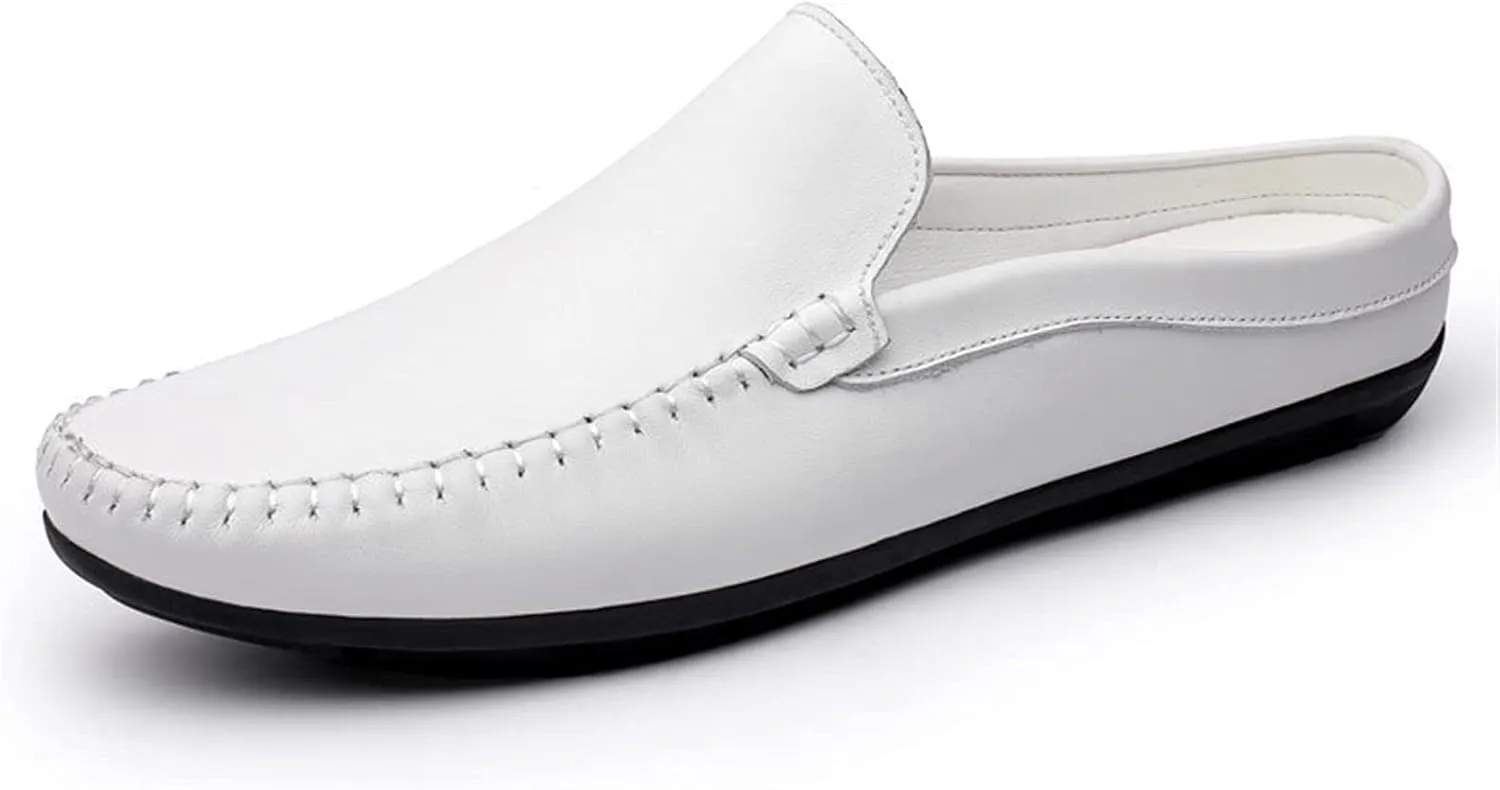 HOOENG Smoking Loafer for Men Mule Loafer Genuine Leather Stitching Details Round Toe Flexible Lightweight Flat Heel Resistant Anti-Slip Walking Slip on