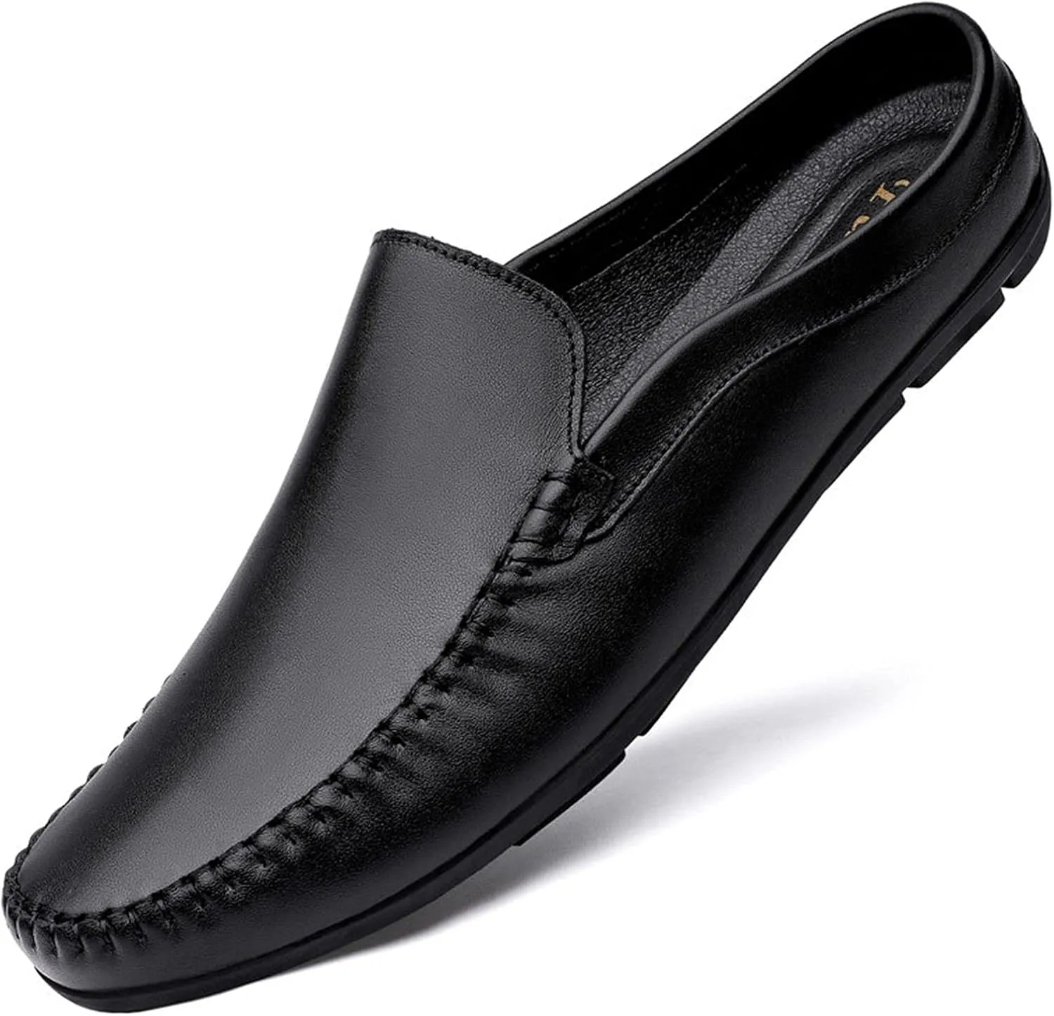 HOOENG Smoking Loafer for Men Mule Loafer Genuine Leather Stitching Details Round Toe Flexible Lightweight Flat Heel Resistant Anti-Slip Walking Slip on