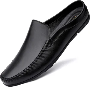 HOOENG Smoking Loafer for Men Mule Loafer Genuine Leather Stitching Details Round Toe Flexible Lightweight Flat Heel Resistant Anti-Slip Walking Slip on