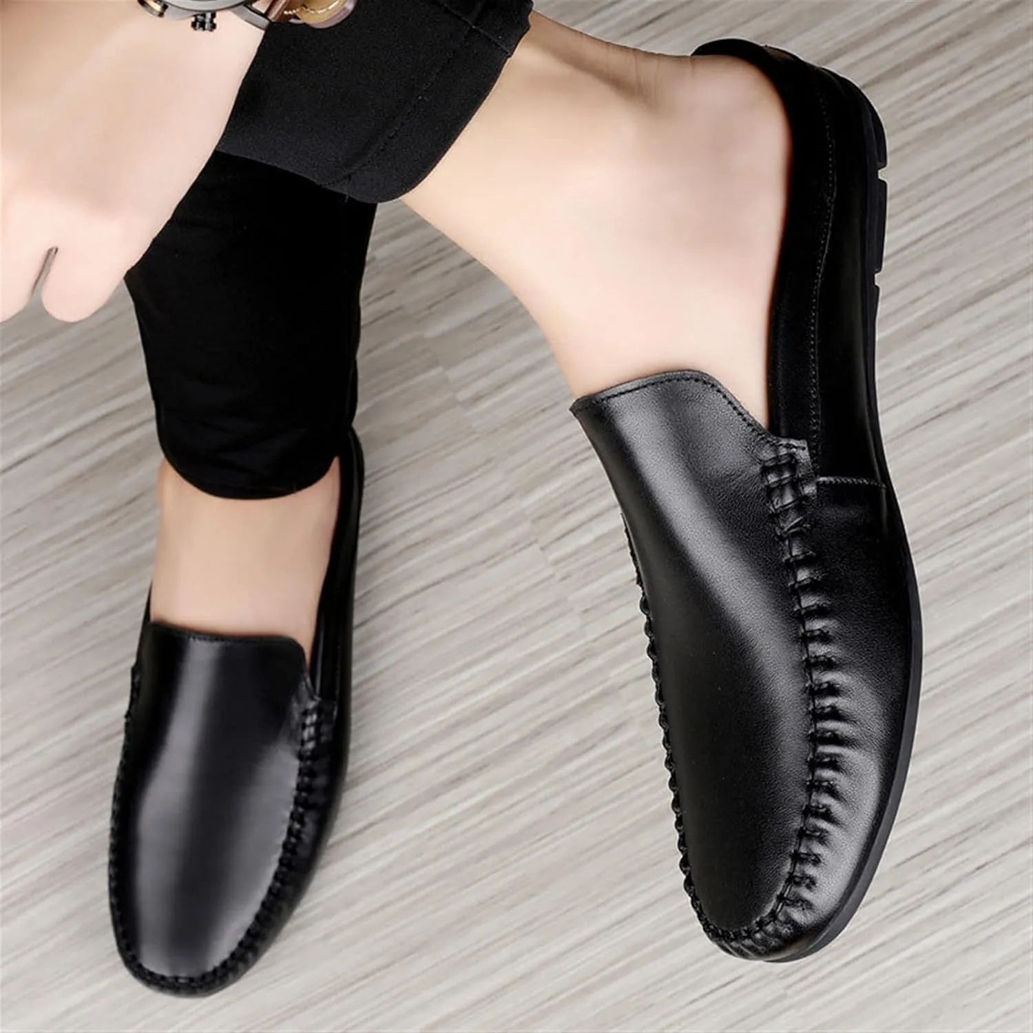HOOENG Smoking Loafer for Men Mule Loafer Genuine Leather Stitching Details Round Toe Flexible Lightweight Flat Heel Resistant Anti-Slip Walking Slip on