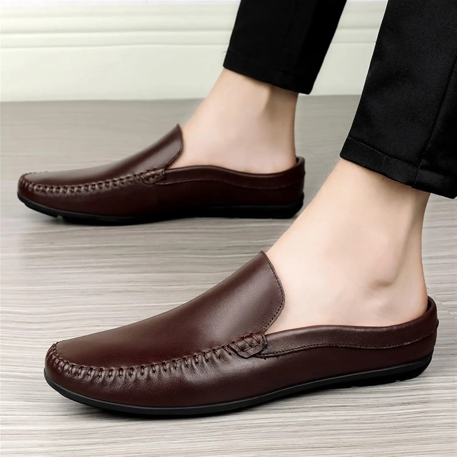 HOOENG Smoking Loafer for Men Mule Loafer Genuine Leather Stitching Details Round Toe Flexible Lightweight Flat Heel Resistant Anti-Slip Walking Slip on