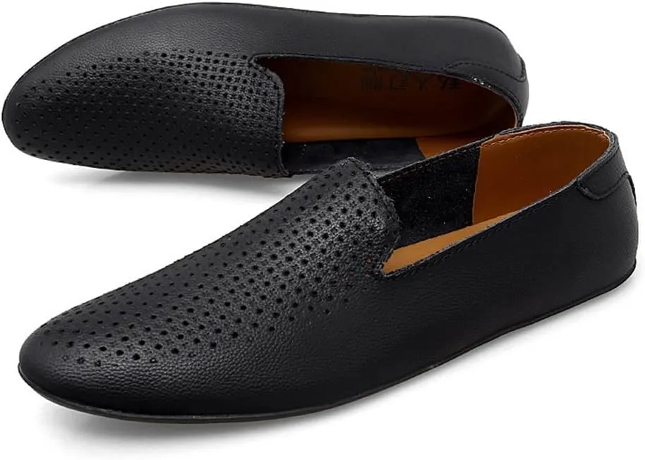 Loafers for Men Genuine Leather Pointed Toe Perforated Breathable Rubber Sole Flexible Slip Resistant Anti-Slip Walking Party Slip-on