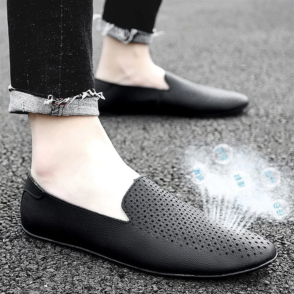 Loafers for Men Genuine Leather Pointed Toe Perforated Breathable Rubber Sole Flexible Slip Resistant Anti-Slip Walking Party Slip-on