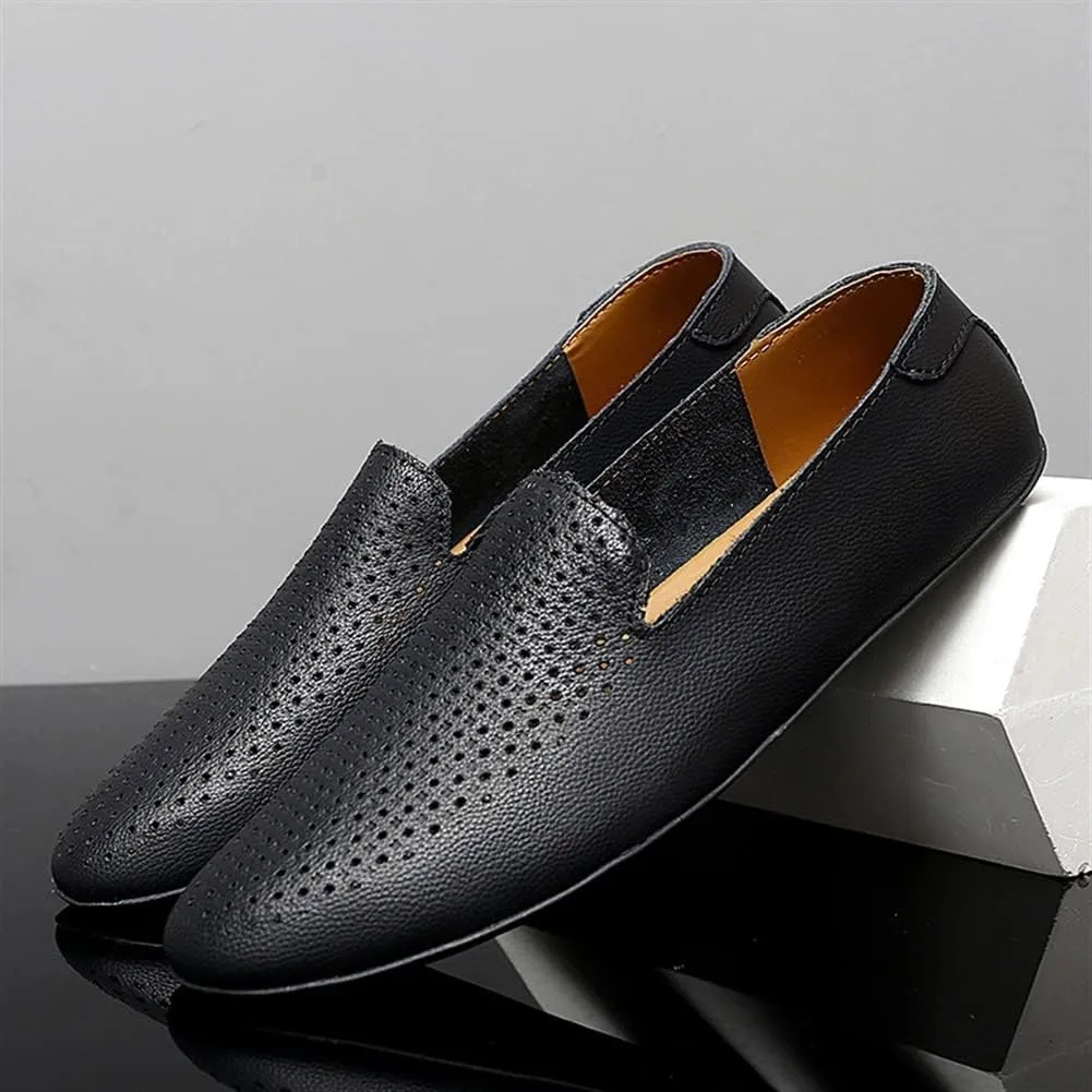 Loafers for Men Genuine Leather Pointed Toe Perforated Breathable Rubber Sole Flexible Slip Resistant Anti-Slip Walking Party Slip-on