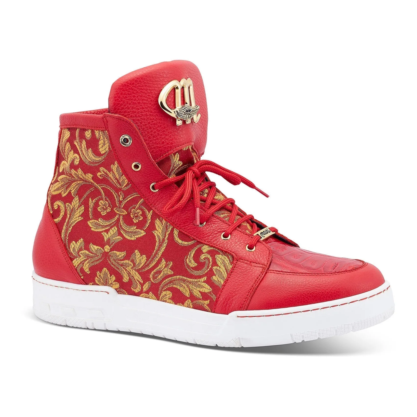 Mauri 8437 Kingpin Men's Shoes Red Exotic Crocodile/ Calf-Skin Leather / Gobelins Fabric Hightop Sneakers (MAS5443)
