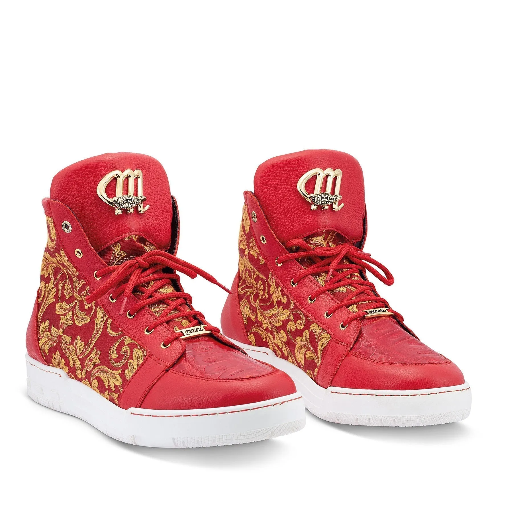 Mauri 8437 Kingpin Men's Shoes Red Exotic Crocodile/ Calf-Skin Leather / Gobelins Fabric Hightop Sneakers (MAS5443)