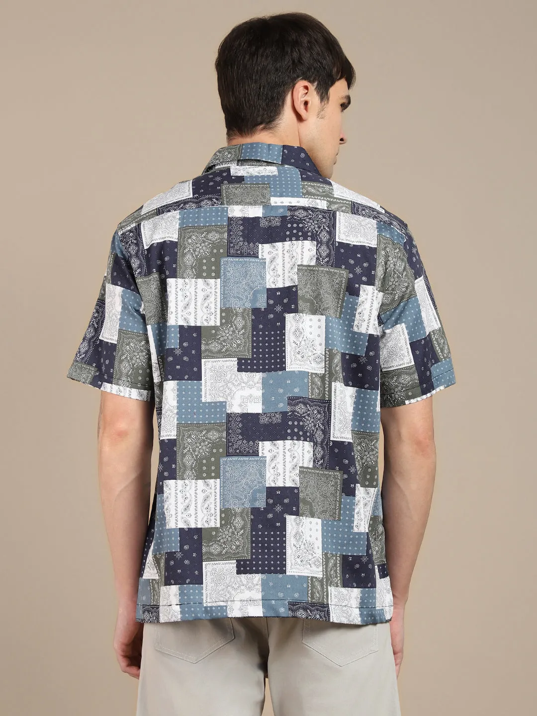 Men's Abstract Printed Cuban Collar Pure Cottton Casual Shirt