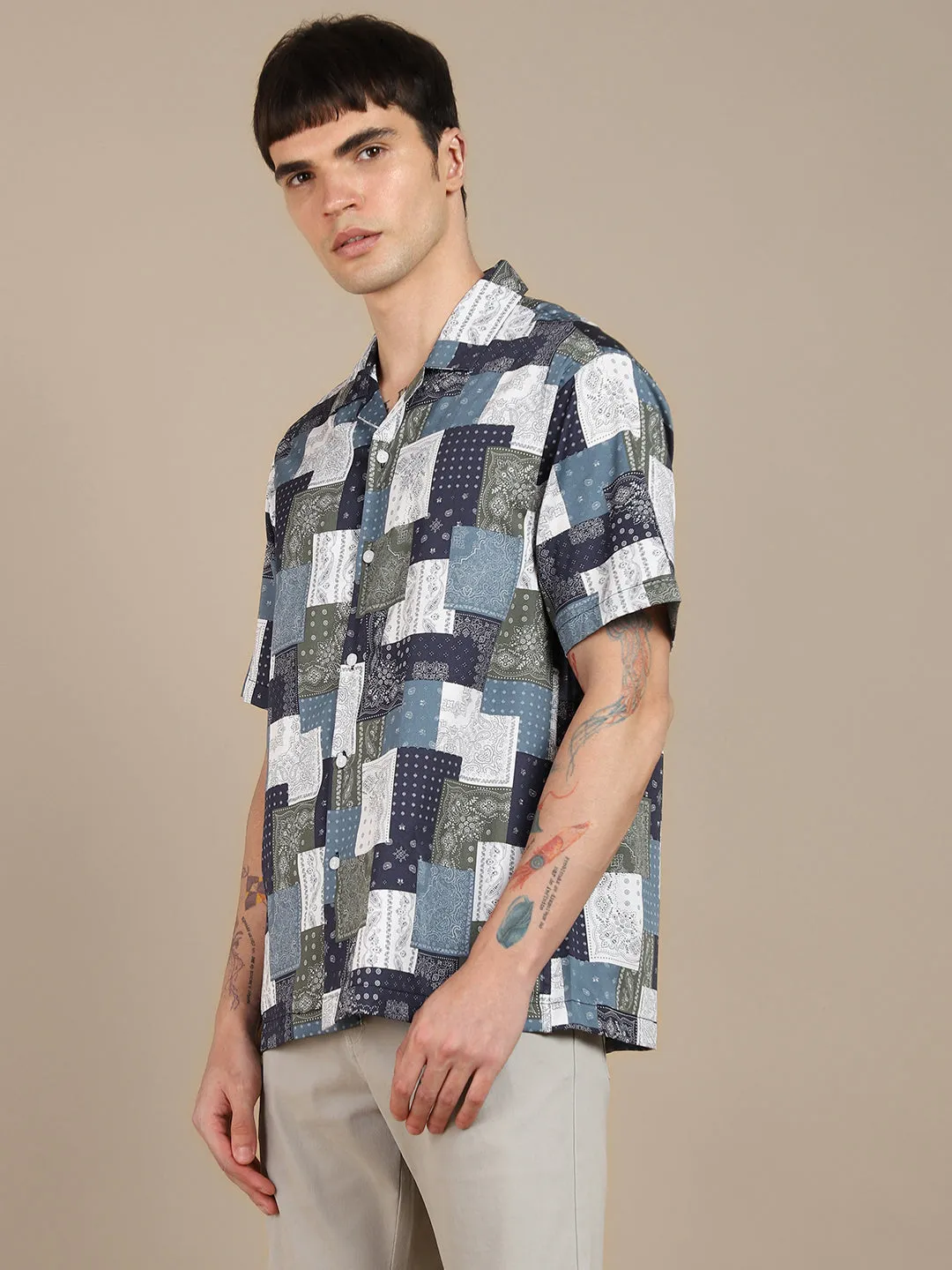 Men's Abstract Printed Cuban Collar Pure Cottton Casual Shirt