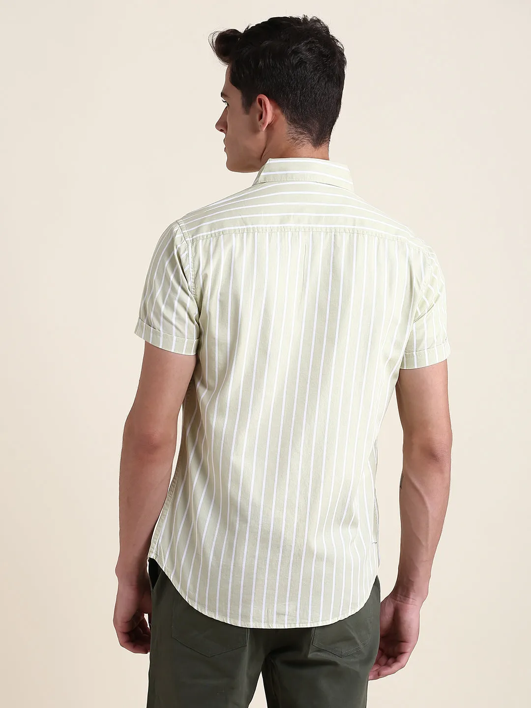 Men's Beige Striped Slim Fit Casual Shirt