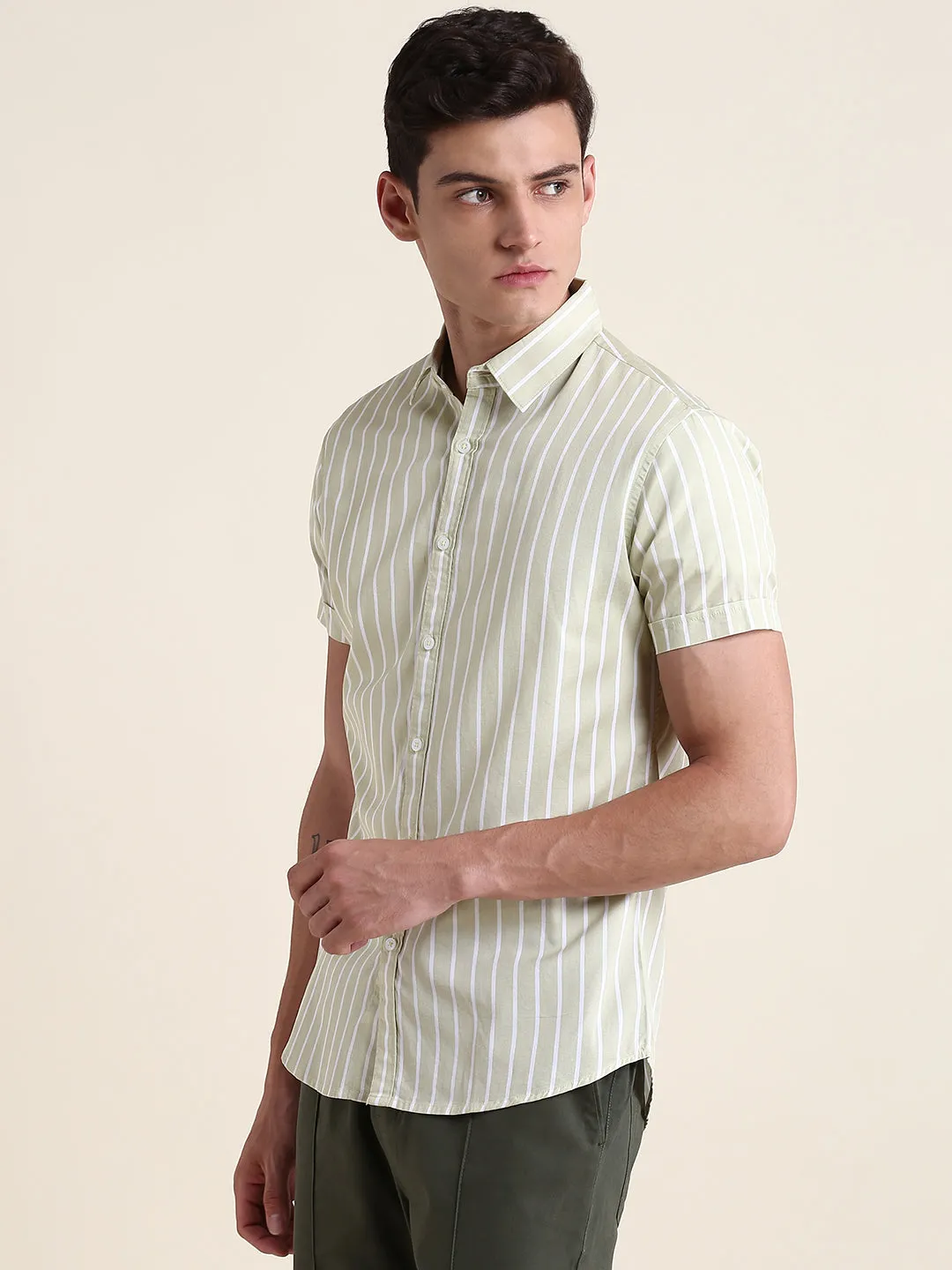 Men's Beige Striped Slim Fit Casual Shirt
