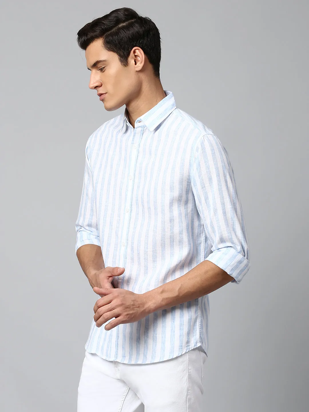 Men's Blue Slim Fit Linen Casual Shirt